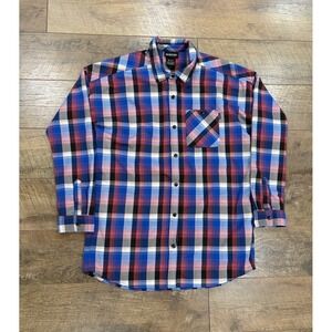 Burton Snowboards Brushed Flannel Plaid Button Up Shirt Blue Red Large